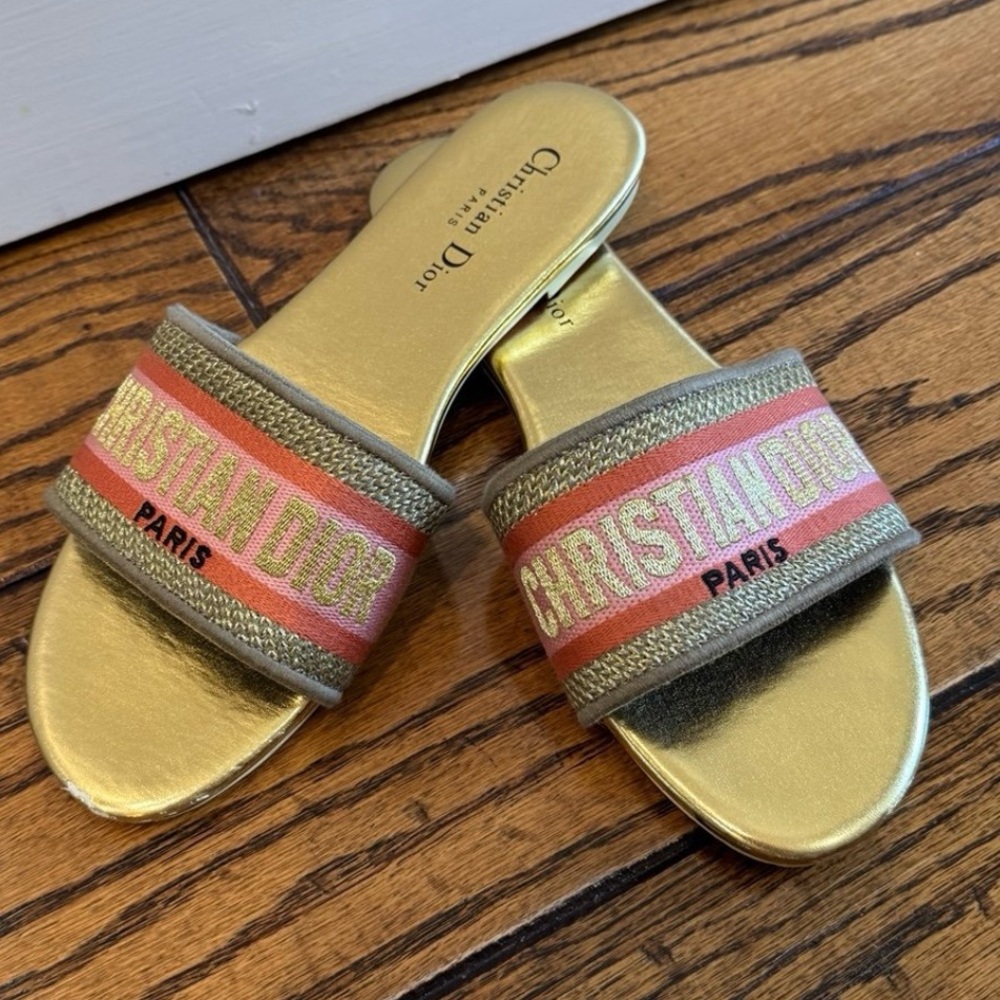 Christian Dior Canvas Lurex Embroidered Dway Slide Sandals